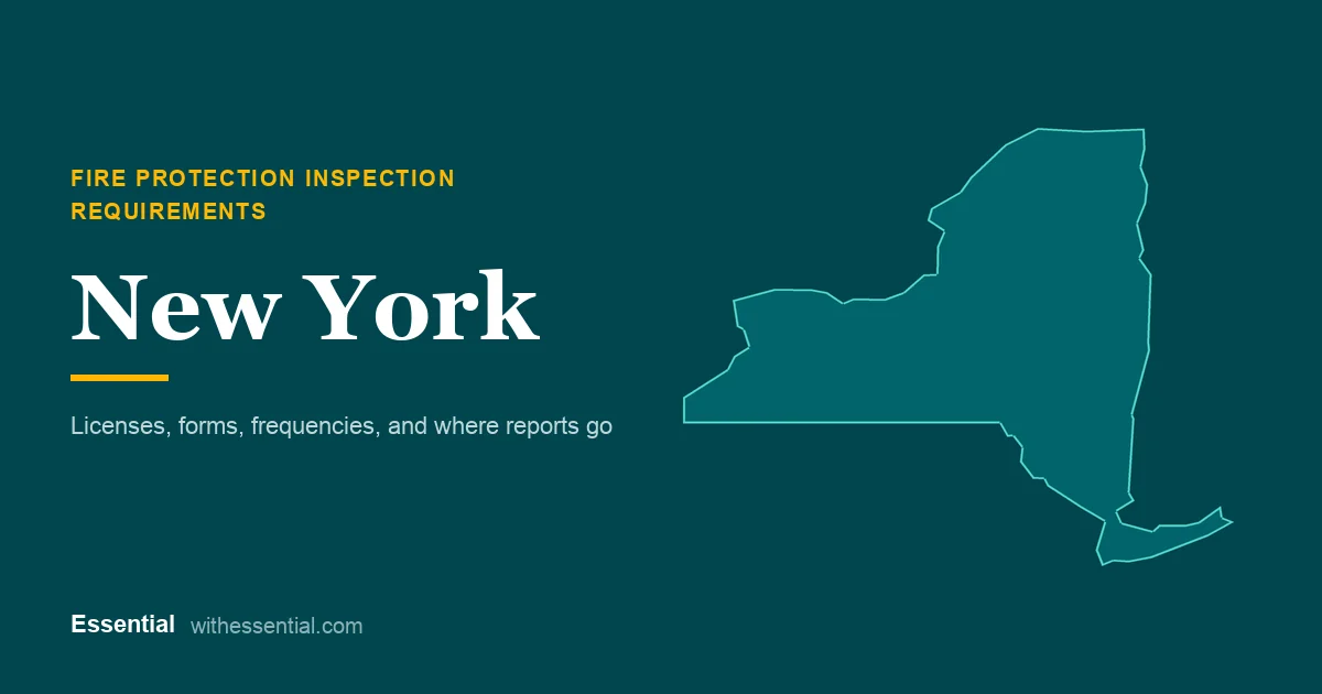 Outline map of New York with the title Fire Protection Inspection Requirements
