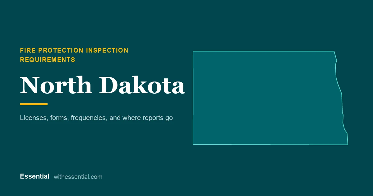 Outline map of North Dakota with the title Fire Protection Inspection Requirements