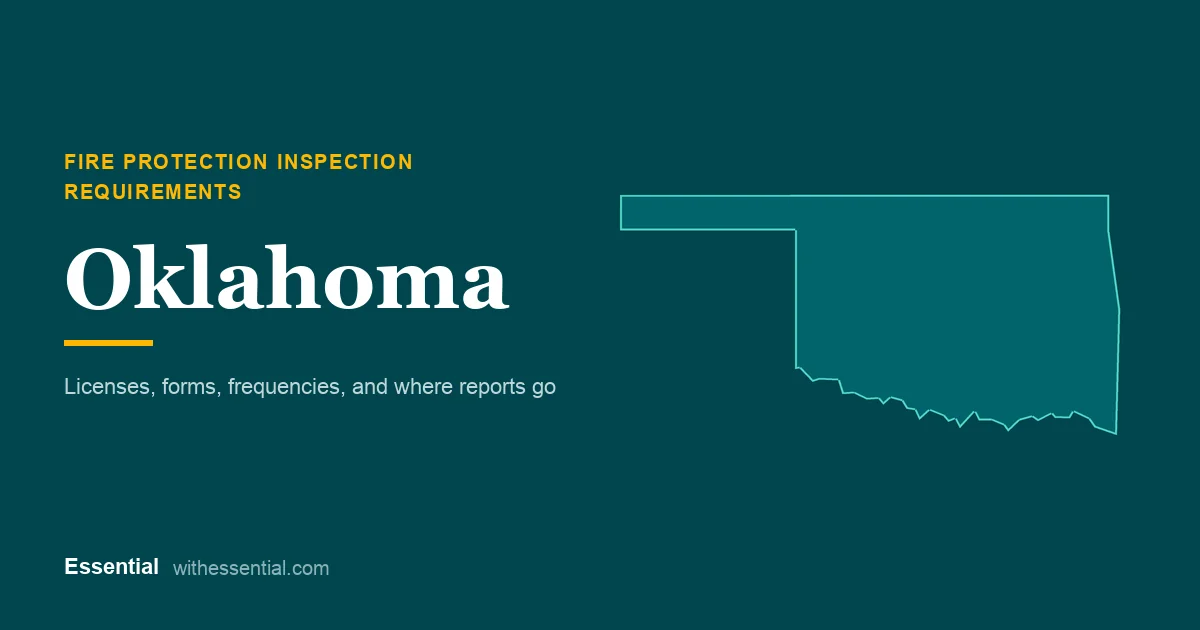 Outline map of Oklahoma with the title Fire Protection Inspection Requirements