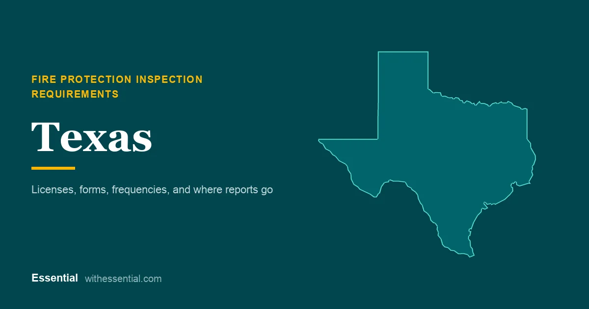 Outline map of Texas with the title Fire Protection Inspection Requirements