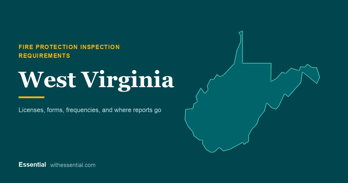 Outline map of West Virginia with the title Fire Protection Inspection Requirements