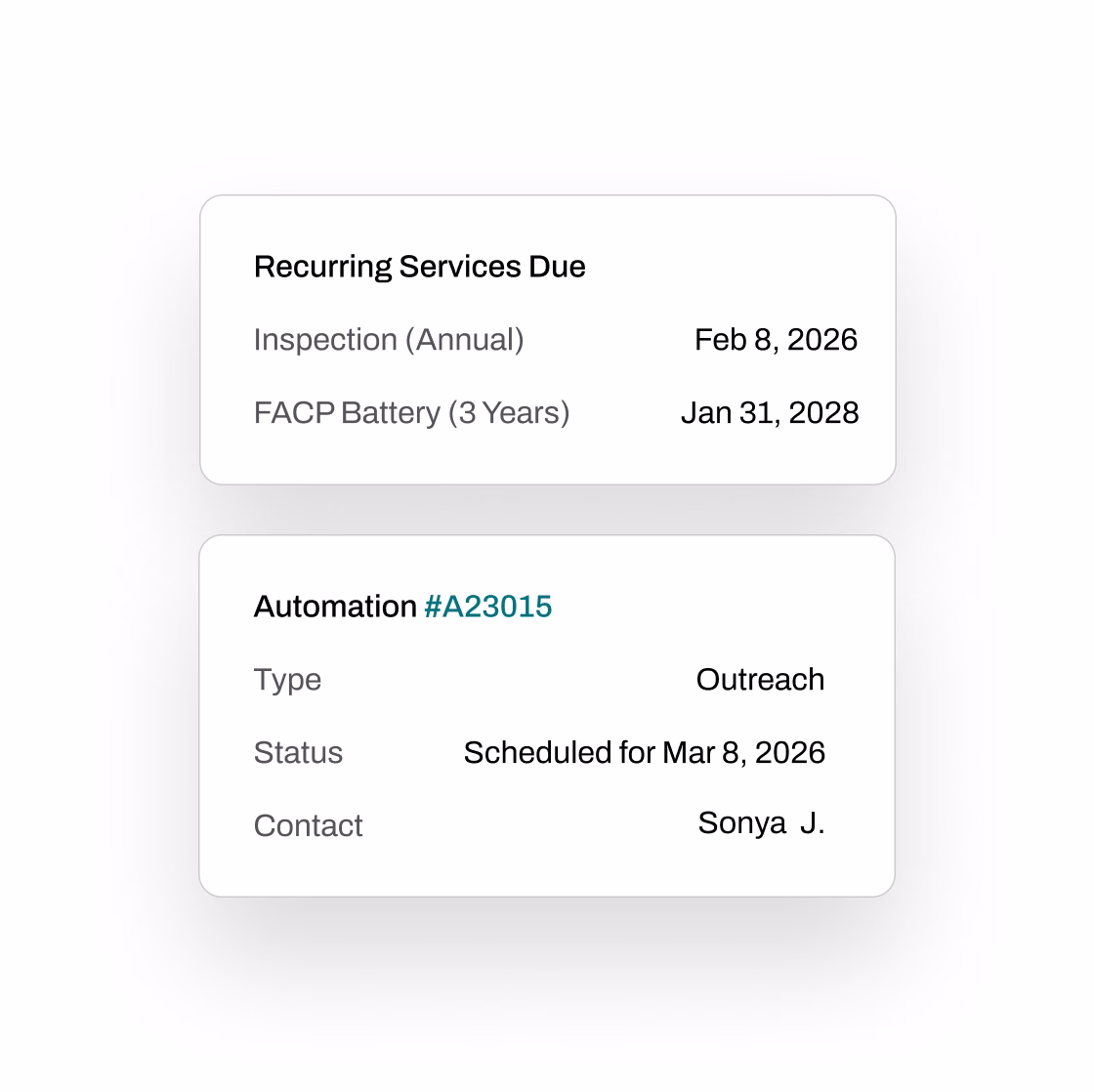 Essential recurring-services example showing separate dates for an annual inspection and a battery service