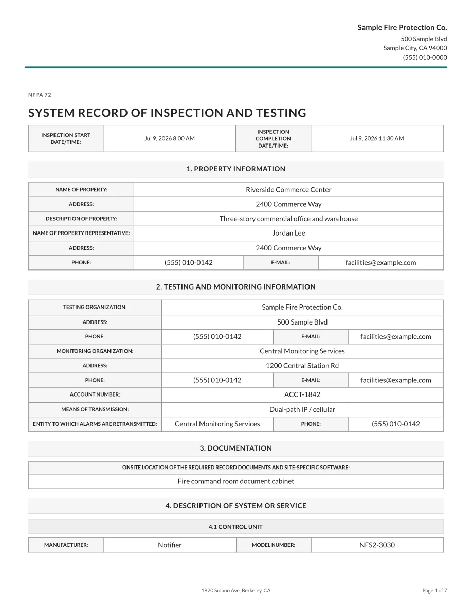 First page of Essential NFPA 72 report example showing inspection times, property information, monitoring details, and control-unit model