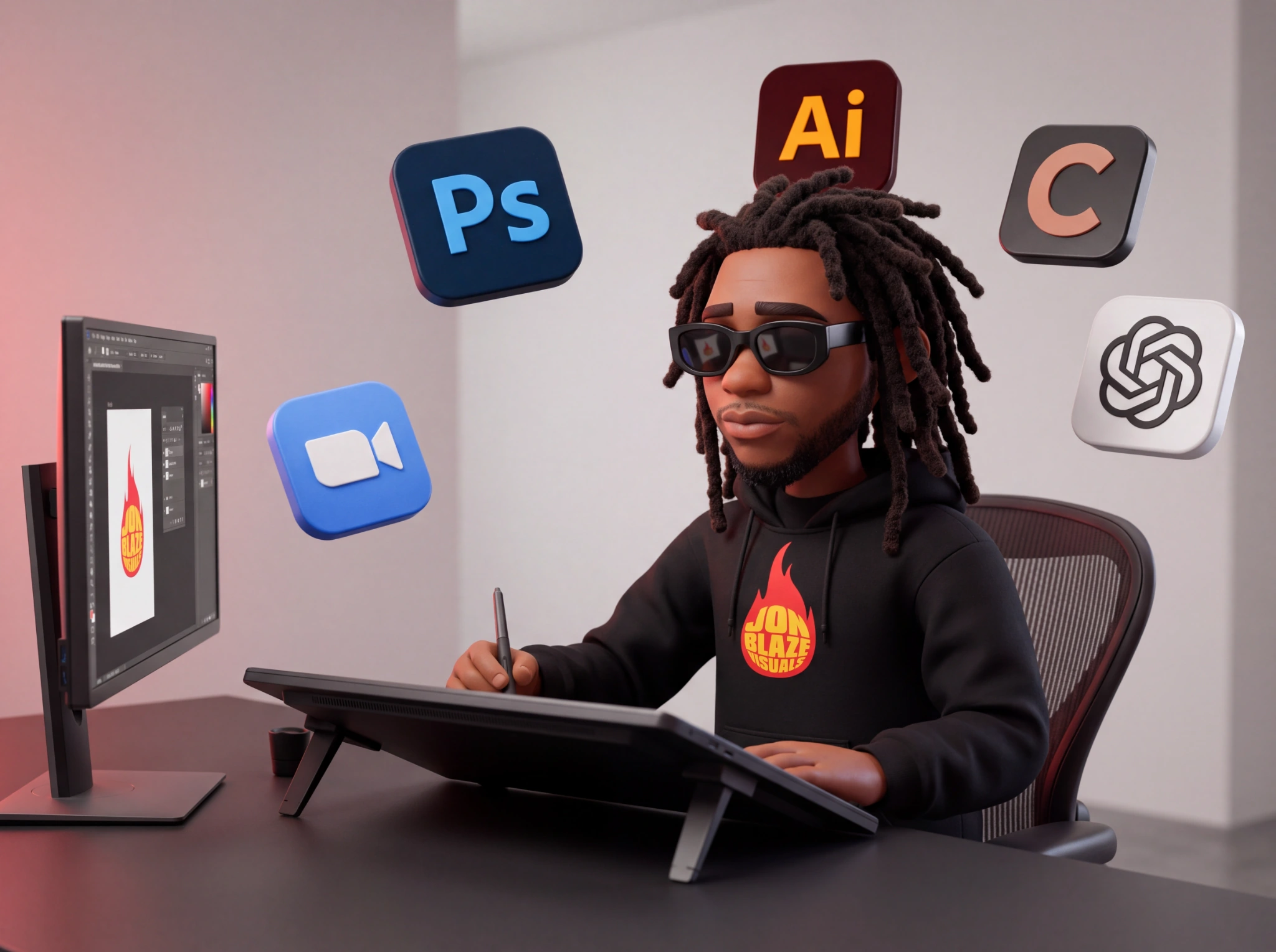 Jon Blaze avatar with CREATE Prompt Bank and workflow examples in a creative learning lab