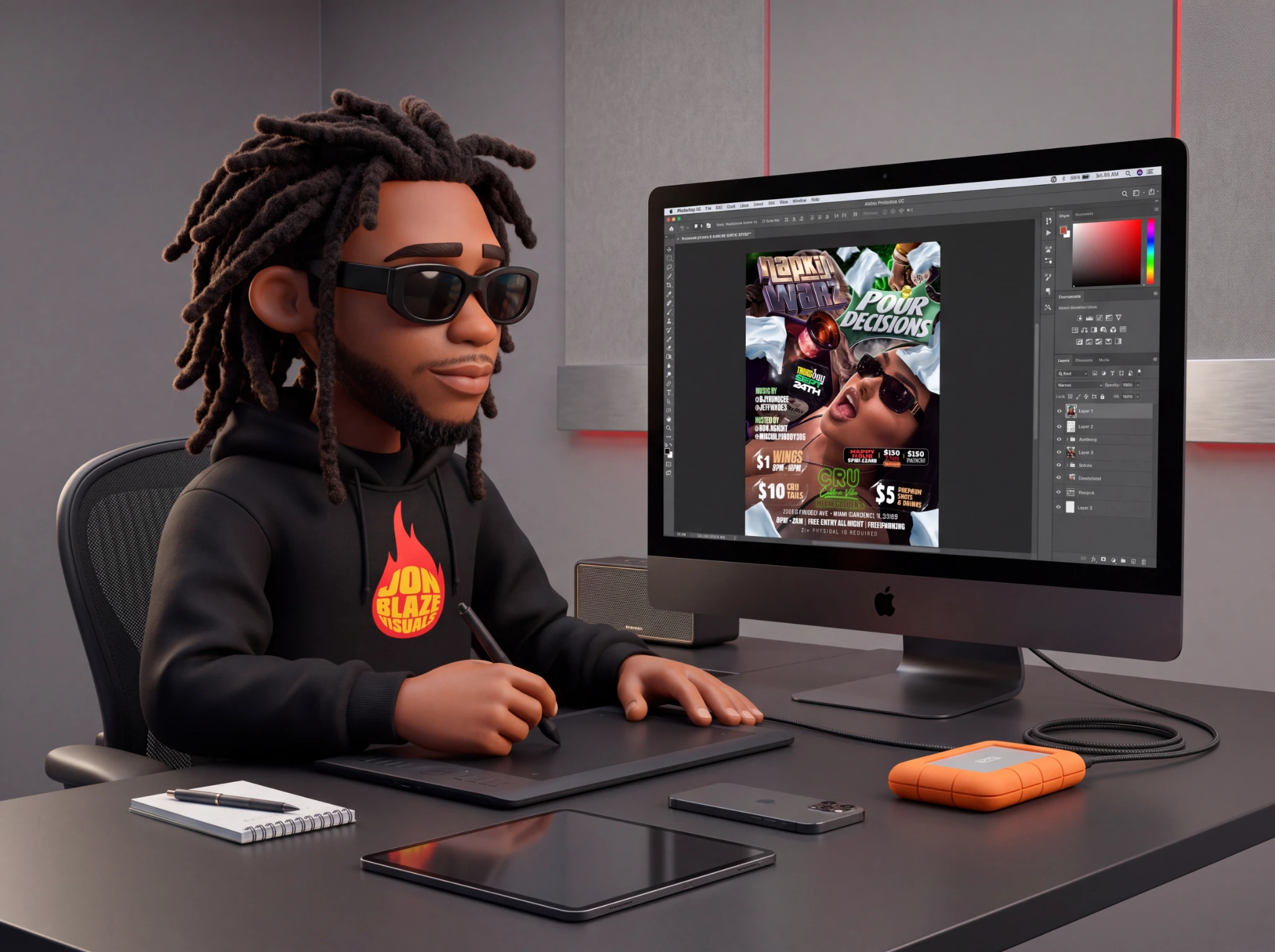 Jon Blaze avatar producing Playhouse Fridays, Houston lineup, and Pluto concert flyers in CREATE Studio