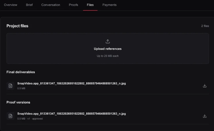 Project files showing final deliverables and download controls