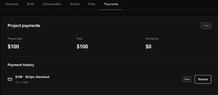 Payments page showing a confirmed payment and receipt