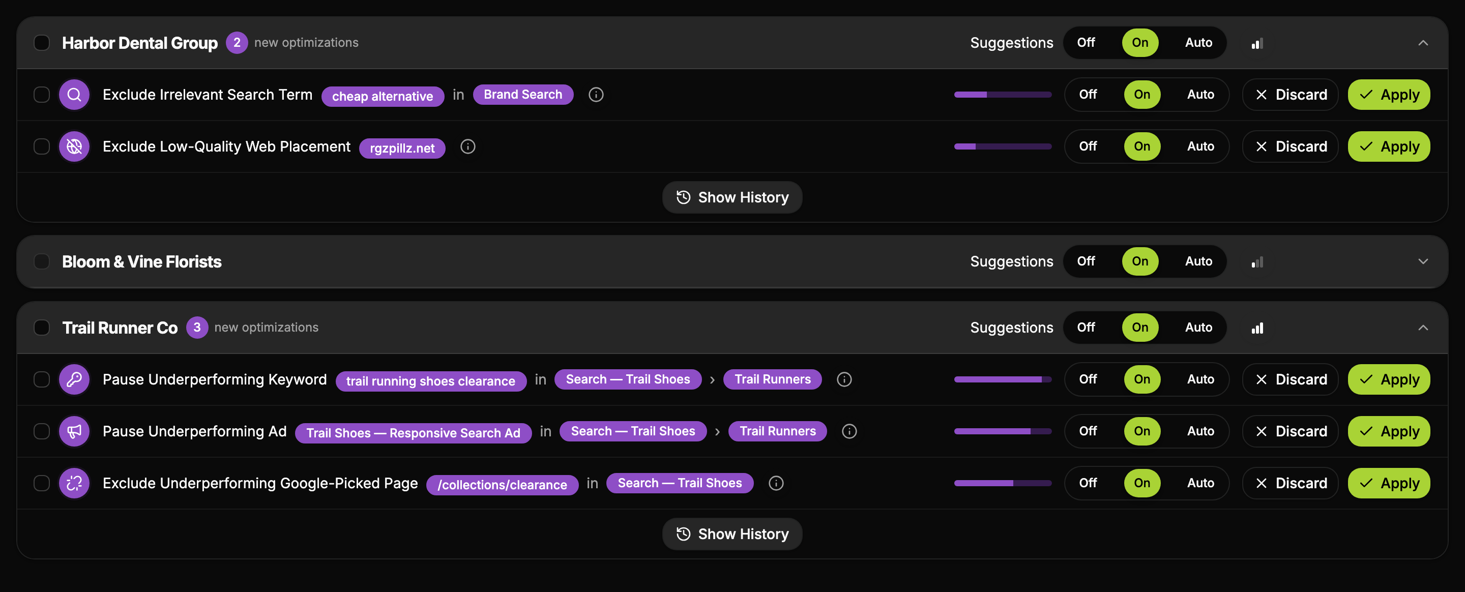 The Sukidoo dashboard: three Google Ads accounts with their suggestions, a search term and a placement to exclude, a keyword and an ad to pause, a landing page to exclude, each with an Off, On, Auto switch and Apply and Discard buttons