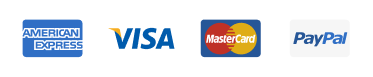 Logos of accepted payment methods: American Express, Visa, MasterCard, and PayPal.