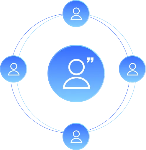 Central user icon connected by circular lines to four surrounding user icons, symbolizing network or communication.