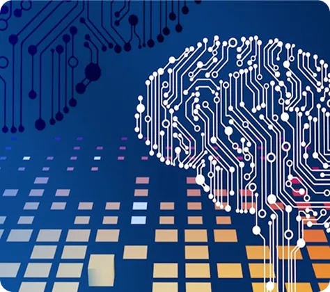 Digital illustration of a brain composed of white circuit lines against a dark blue background with colorful square pixels below.