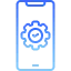 Blue line icon of a smartphone with a gear on the screen representing settings or configuration.