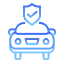 Blue icon of a car with a shield featuring a checkmark above it, symbolizing vehicle protection or insurance.