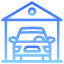 Icon of a car parked inside a garage with a triangular roof and circular window.