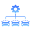 Blue gear icon connected to three small squares representing fleet management or organizational structure.
