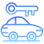 Blue line icon of a car with a key above it indicating car rental or car key access.