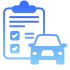 Blue icon of a clipboard with car documents and a car in front of it.