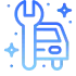 Blue icon of a wrench beside a car with sparkles indicating car repair or maintenance.