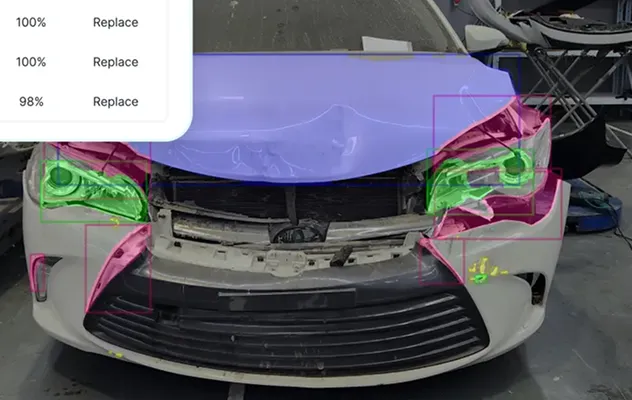 Front of a white car with visible damage and colored overlays highlighting the headlights, hood, and bumper parts.