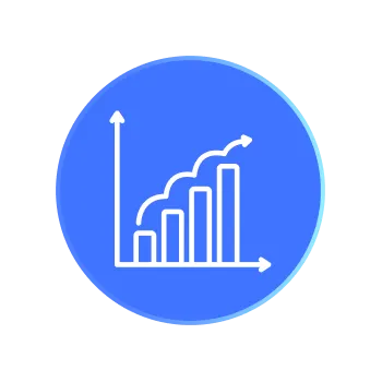 Icon of a blue circle containing a white ascending bar graph with an arrow indicating growth.