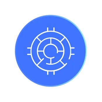 Blue circular icon with a white maze-like concentric circle design inside.