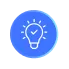 White light bulb icon inside a blue circle representing an idea or innovation.