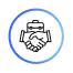 Icon of two hands shaking inside a clipboard symbol, surrounded by a blue circular border.