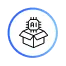 Icon of a package with a gear and a lightbulb symbol above it, surrounded by a blue circular border.
