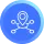 White icon of a network with five connected nodes on a blue circular background.