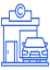 Icon of a car parked at a dealership counter with a salesman behind the desk.