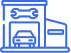 Blue line icon of a car in a garage with a wrench and screwdriver symbol above.