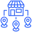 Icon of a storefront with location pins and people symbols representing a franchise.