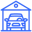 Icon of a car parked inside a garage with a triangular roof and a round window.
