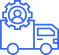 Blue line icon of a delivery truck with a gear symbol above it.