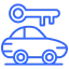 Blue icon of a car with a key above it, symbolizing car rentals.