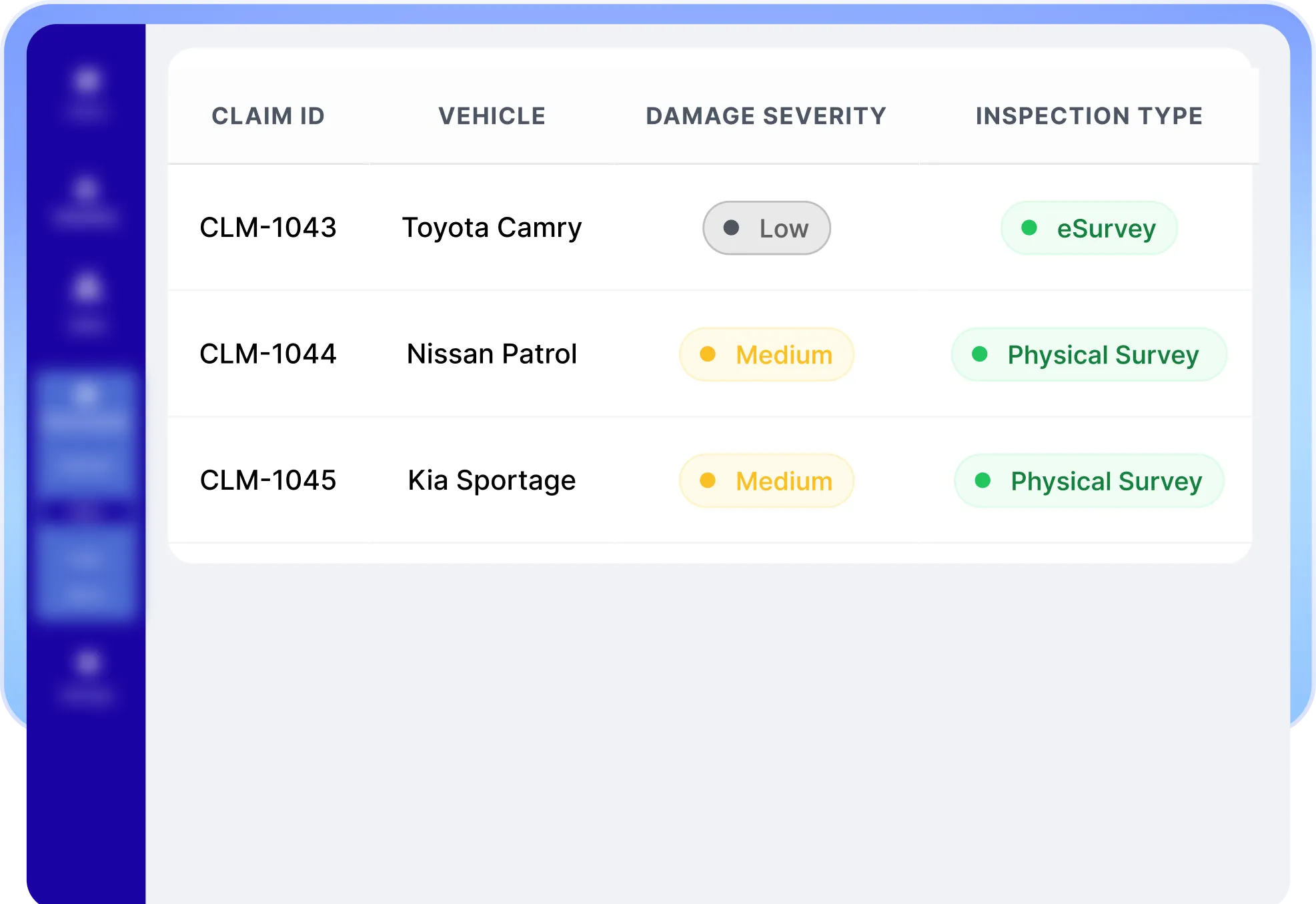 Table displaying vehicle insurance claims with claim IDs, vehicle names (Toyota Camry, Nissan Patrol, Kia Sportage), damage severity levels (Low, Medium, Medium), and inspection types (eSurvey, Physical Survey, Physical Survey).