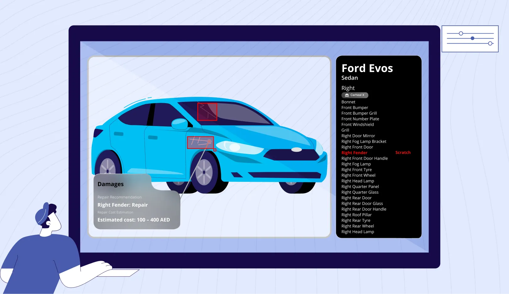 A screen showing right fender scratch damage detection 
