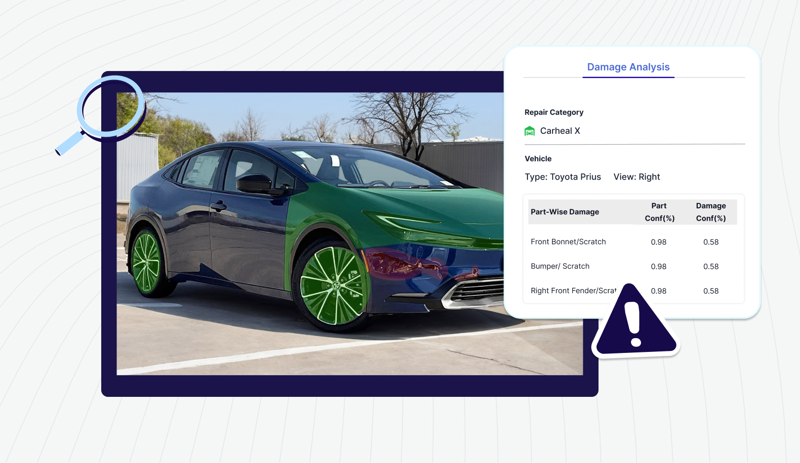 Car damage analysis popup overlayed on a blue car
