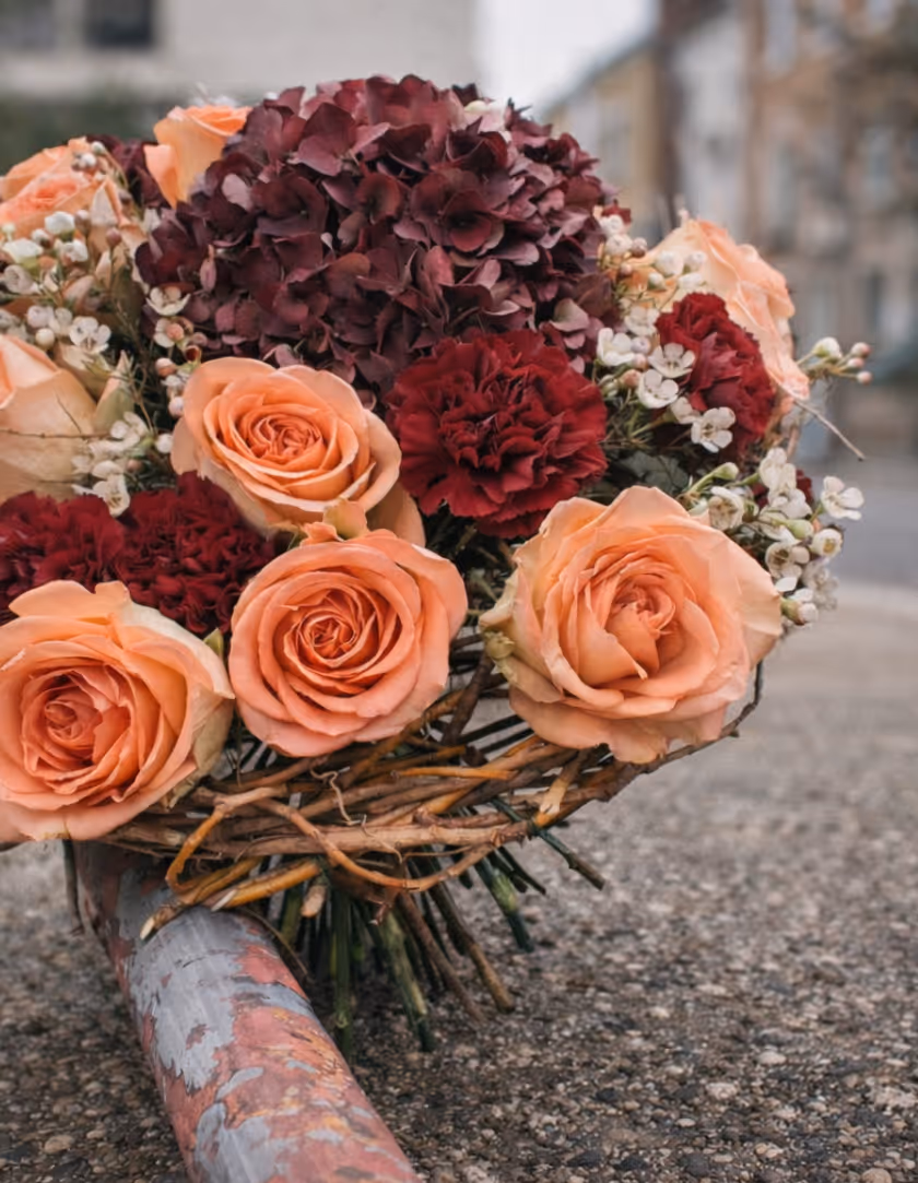Bouquet sposa con rose color pesca e fiori stagionali, floral design per matrimonio elegante