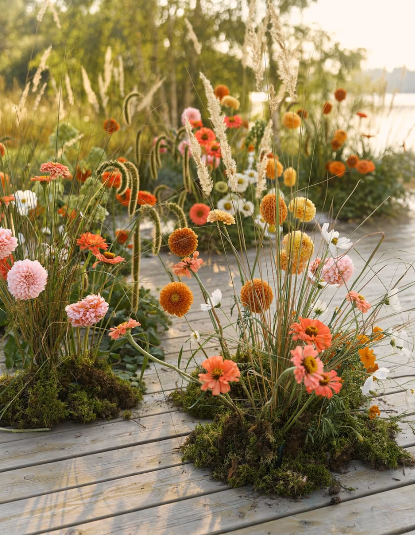 Allestimento floreale country con fiori colorati, decorazioni eleganti per esterni
