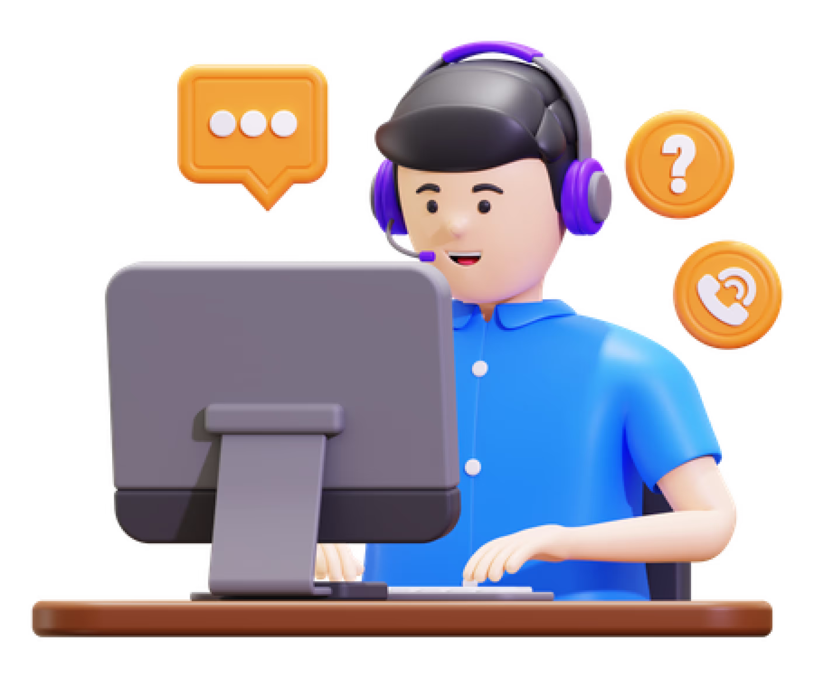 Cartoon character wearing a headset with microphone, typing at a computer keyboard, with chat, question, and call icons floating nearby.