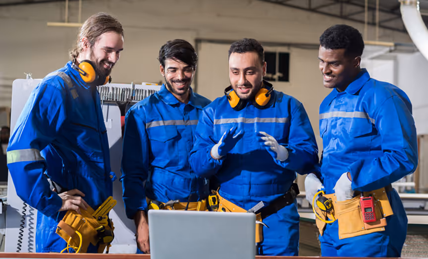 Four male industrial workers in blue uniforms and yellow tool belts smiling and looking at a laptop in a factory setting.