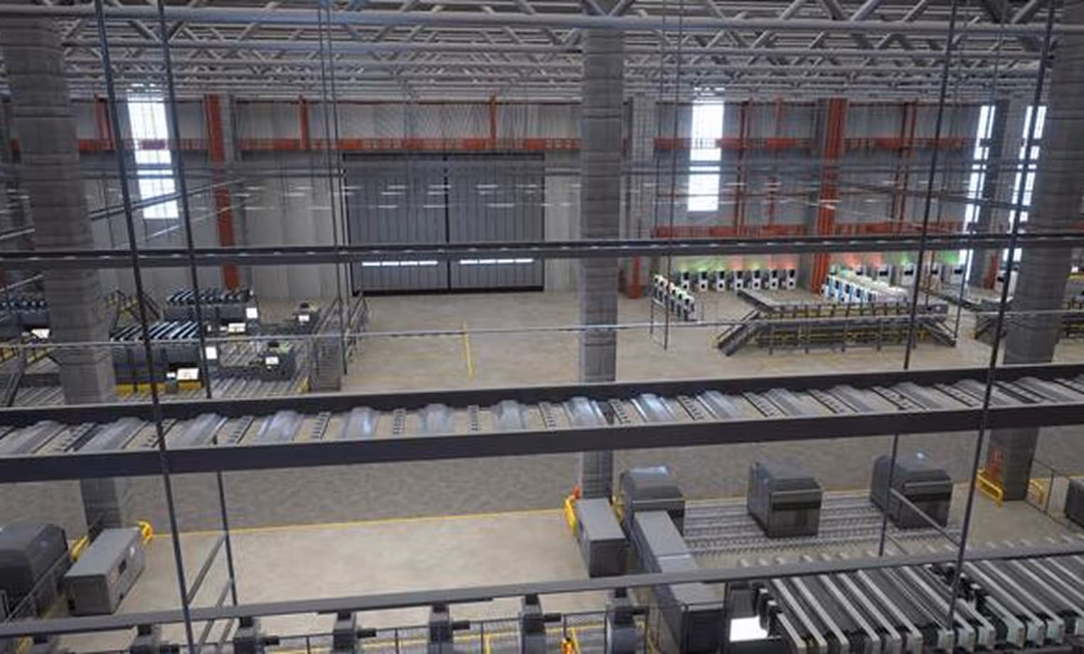 Interior view of an empty modern warehouse with conveyor belt systems and large metal pillars.