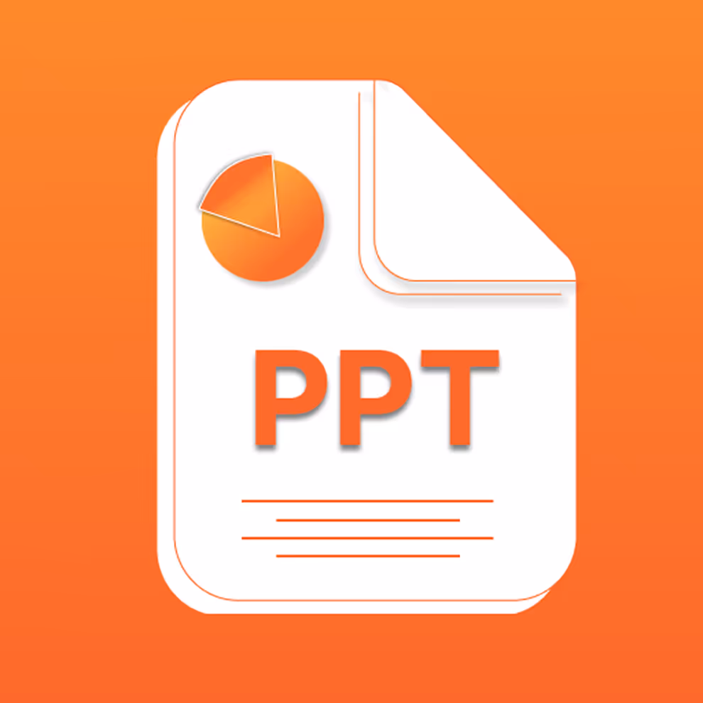 Icon of a white document with a folded corner, an orange pie chart, and the letters PPT on an orange background.