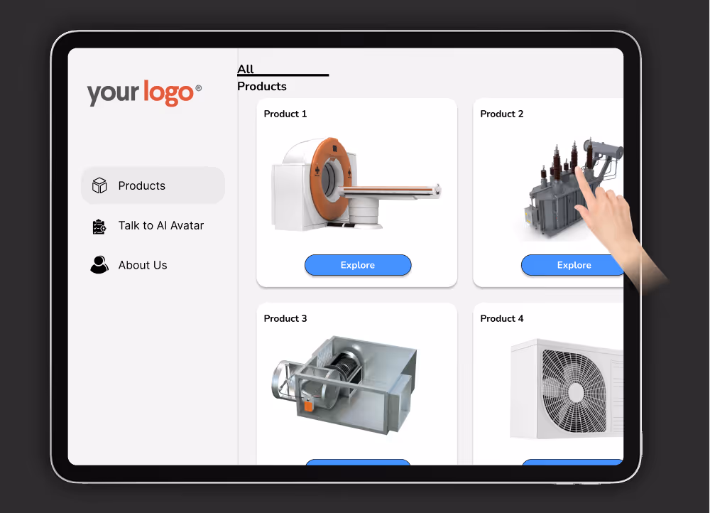 Tablet screen showing a product catalogue with four industrial equipment images and a hand pointing at Product 2 with blue 'Explore' buttons.