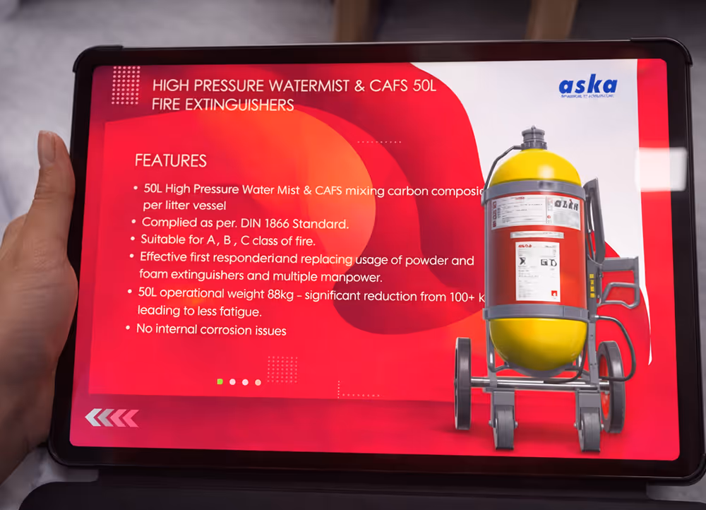 Tablet screen displaying features of a 50L high pressure water mist and CAFS fire extinguisher, including compliance with DIN 1866, suitability for A, B, C class fires, and weight details, with an image of the fire extinguisher on wheels.