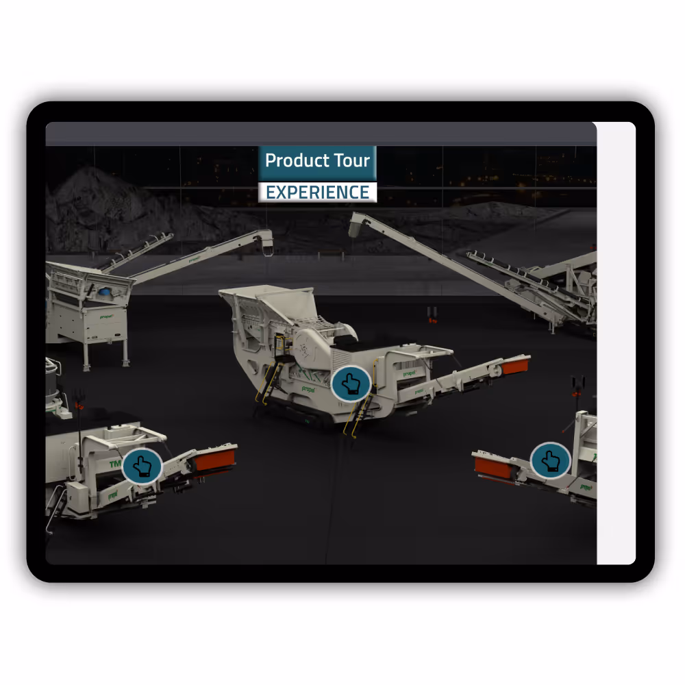 Digital interface showing an interactive product tour experience with industrial machinery models and clickable hand icons.
