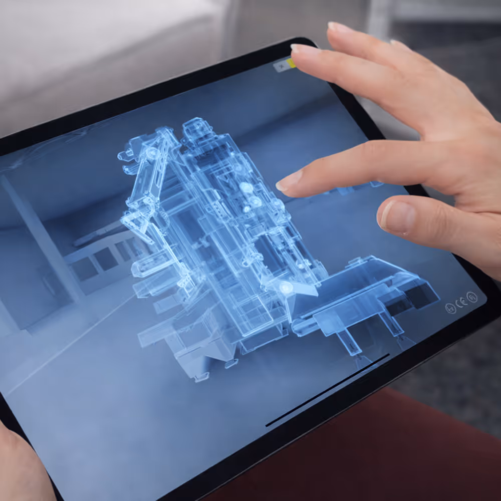 Person interacting with a 3D transparent model of a mechanical device on a tablet screen.