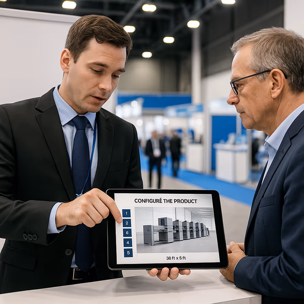 Two men in business suits discussing and configuring a product on a tablet at a trade show or exhibition.
