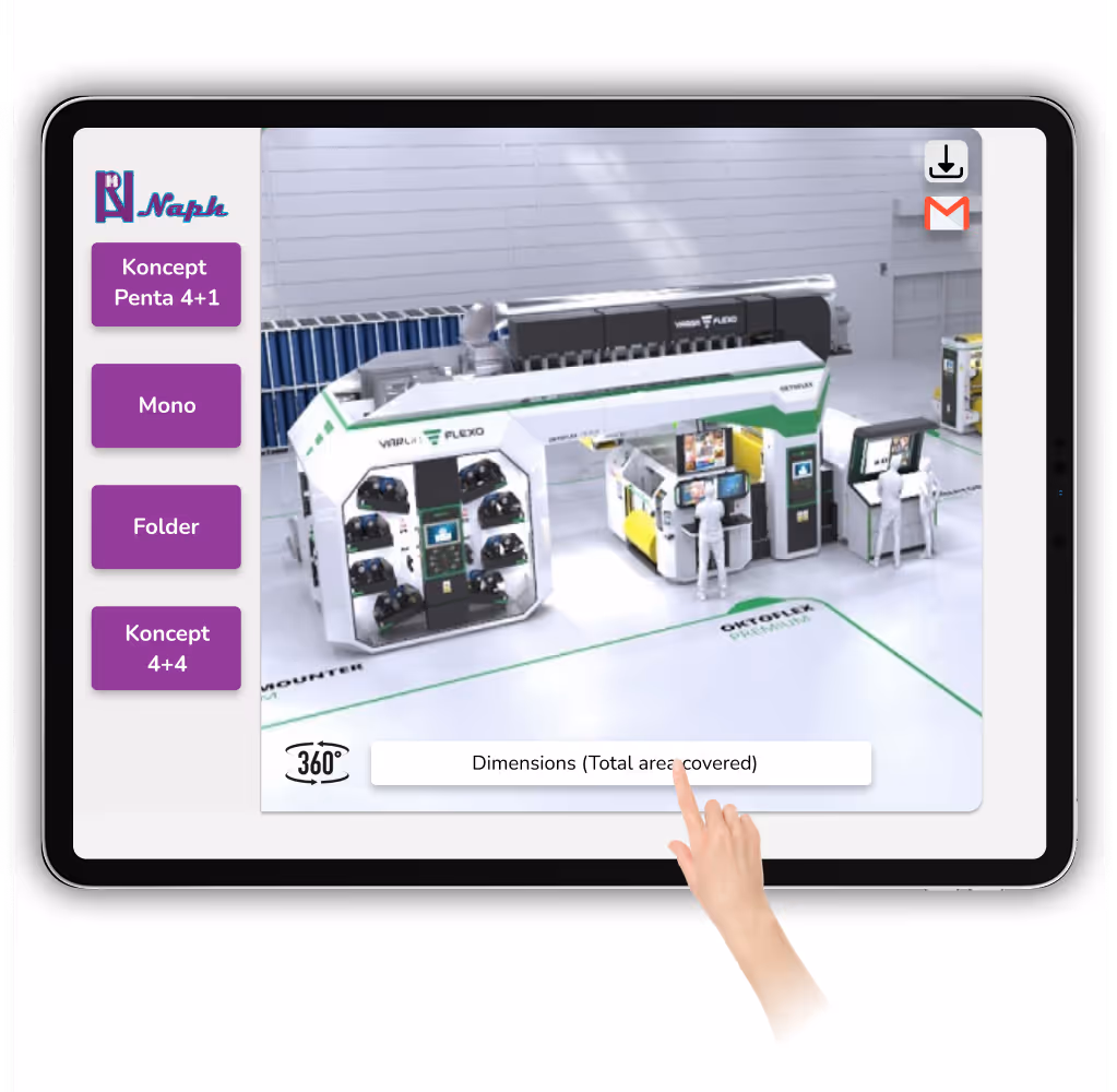Tablet displaying a virtual 3D model of industrial printing machines with menu and buttons labeled Koncept Penta 4+1, Mono, Folder, Koncept 4+4.